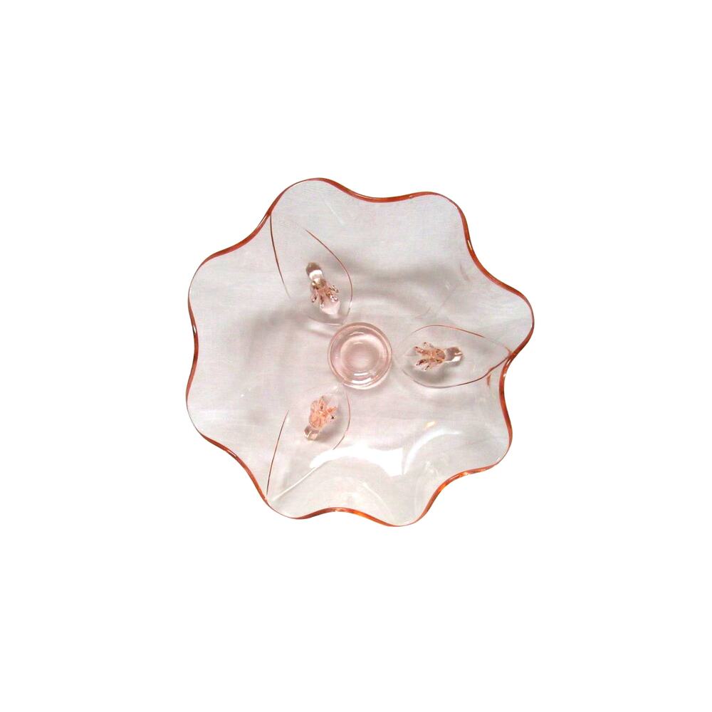Artisan Molded Pink Glass Bowl Gold Rim, Scalloped Edge, 3‑Footed, 10 inches